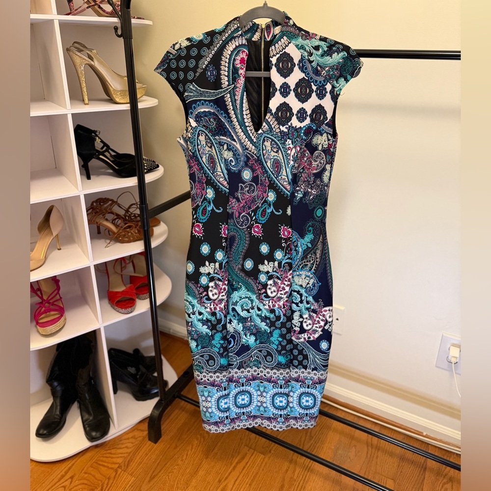 New York & Company Blue and Black Paisley Midi Dress